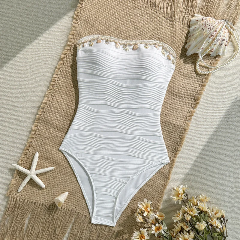 Best-selling one-piece swimsuit with shell and starfish metal accessories, strapless halter neck, dual-wear beach vacation bikin