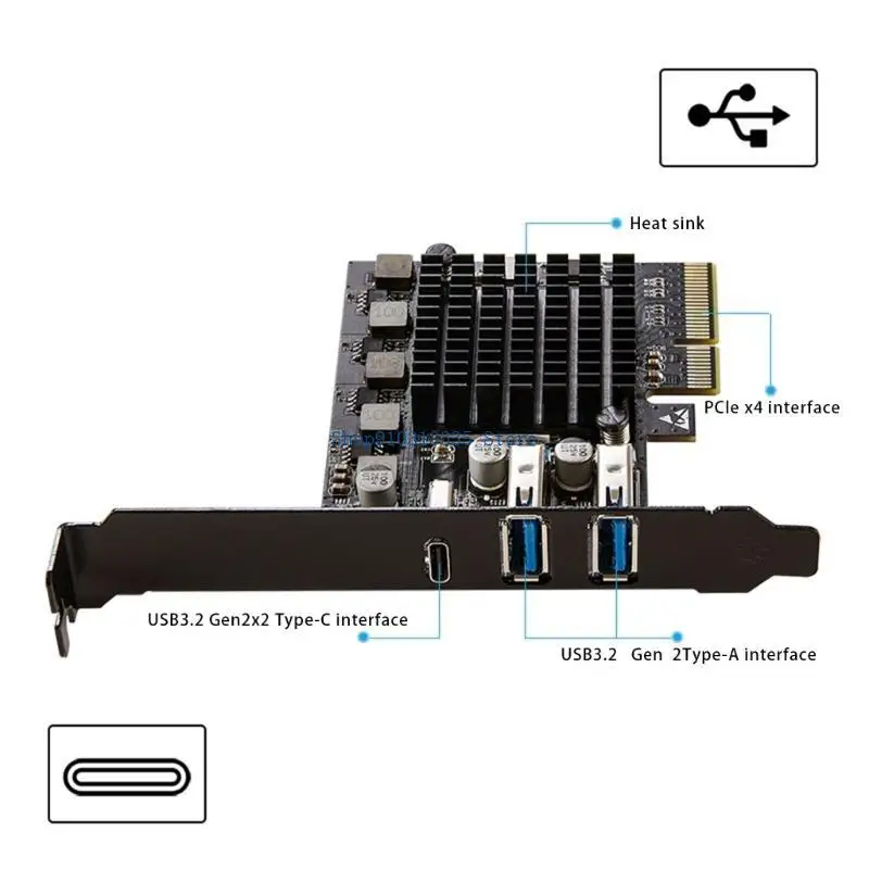  Professional PCIe Expansion Card PCIE3.0X4 with 10Gbps USB A and 20Gbps UsbC Asmedia3242 Quality for Industrial Imaging