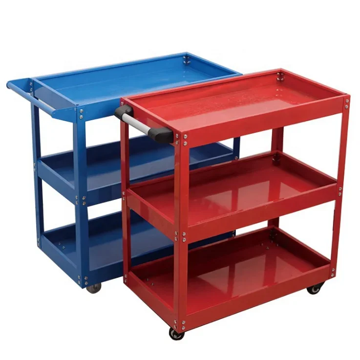 Factory supply 3 Tier Heavy Duty Workshop Tool Cart with one drawer four wheels hand push metal Service tool Hand Carts trolleys