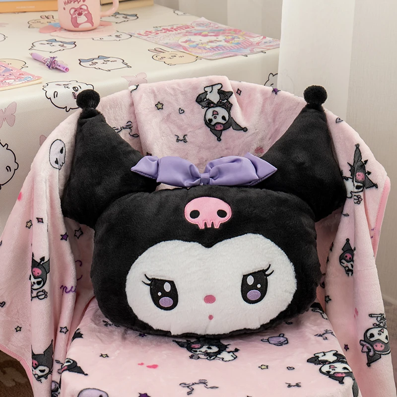 Comfortable Kuromi Cushion and Blanket Sofa Bed Nap Pillow Warm Flannel Blanket Sofa Bed Japanese Style Plushies Gifts Girl Kids