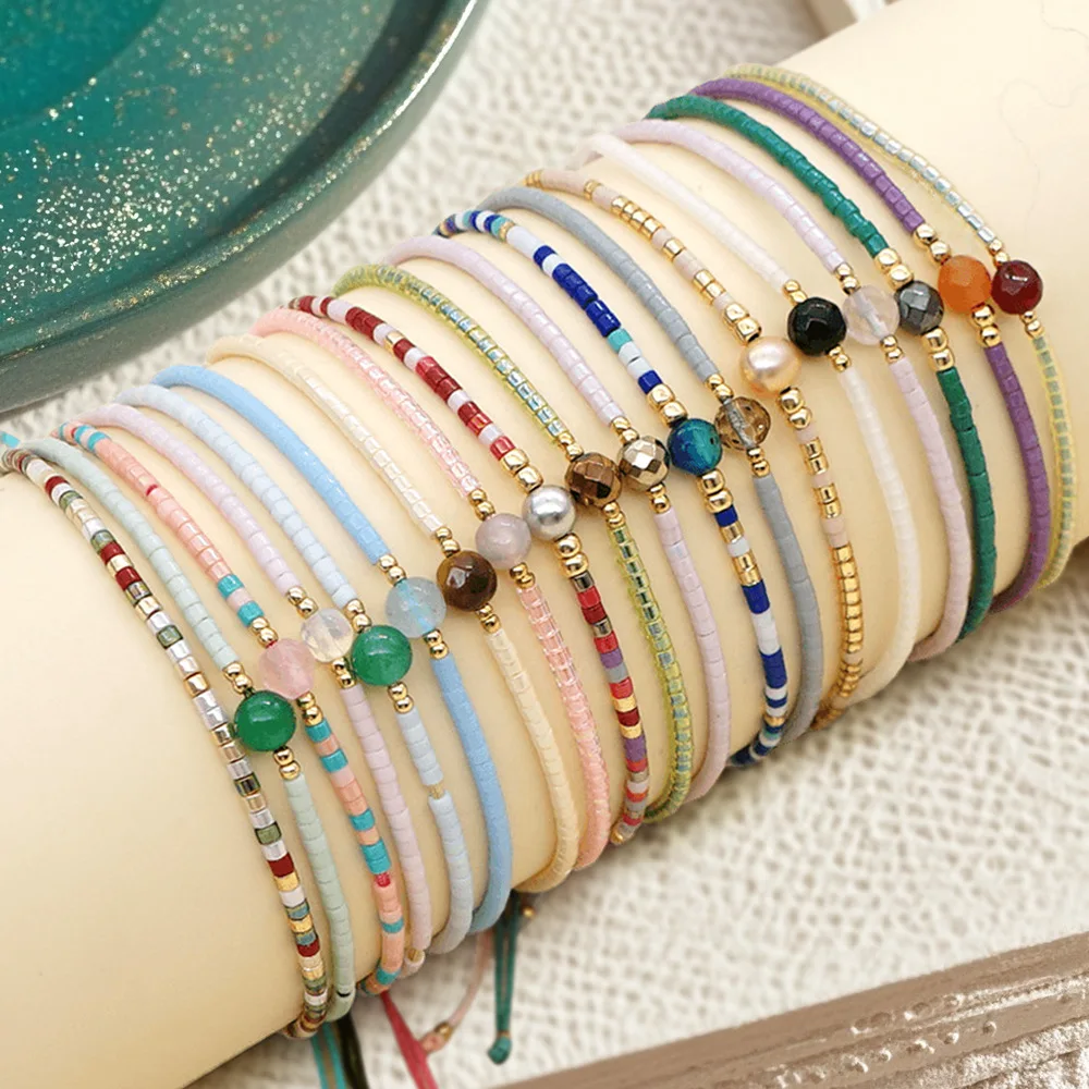 

Beaded bracelet Rainbow Originality Hand knitting Gradient color Adjustable Bohemia Tide Female Natural stone Rice bead bracelet