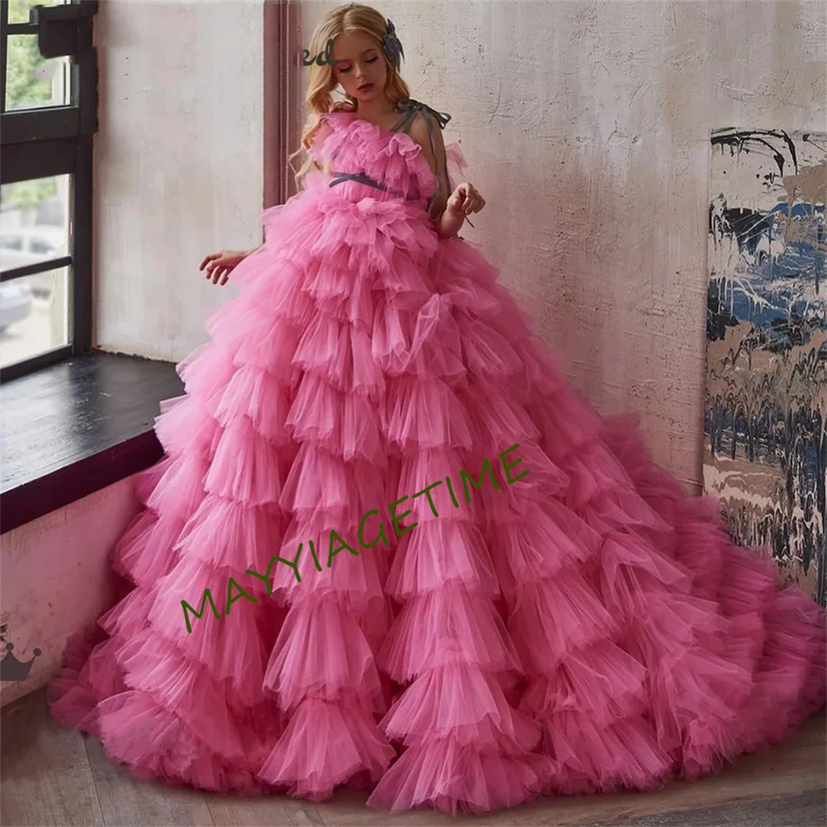 Teens Girls Princess Ball Gow Tulle Pretty Girl Birthday Evening Party Dress Flower Girl Dresses Baby Kids Wedding Party Dress