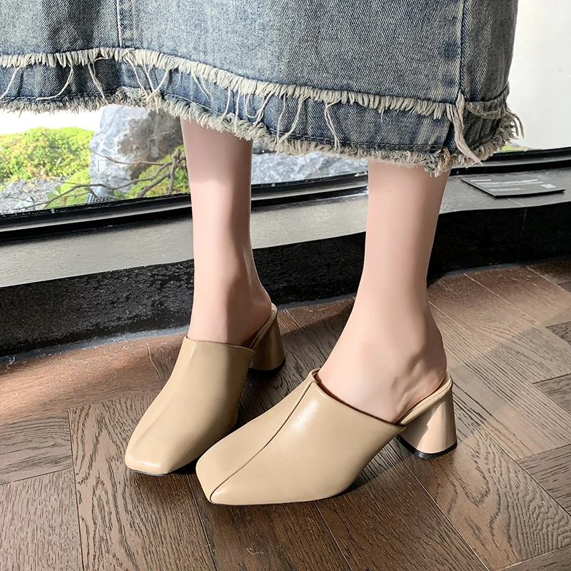 Women's Fashion Baotou Slippers Spring New Square Head Deep Mouth Anti-slip Wear-resistant High Heels