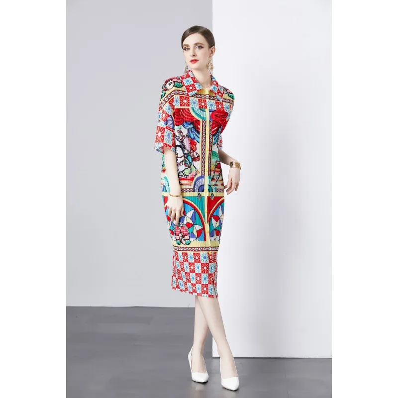 Miyake Pleated Hot Selling 2024 Spring/Summer Women's Mid Length Bat Sleeve Printed Loose Foreign Trade Dress