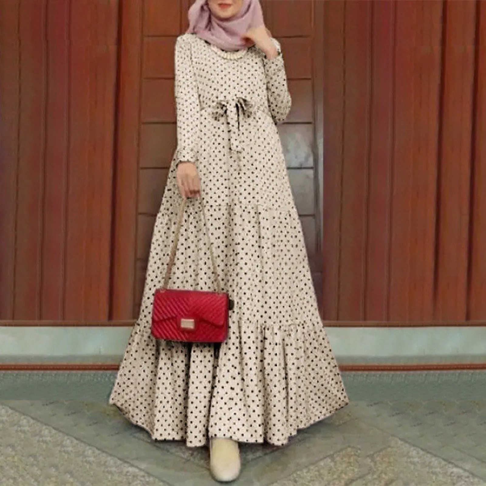 Women\'s Vintage Dress Femme Robe Maxi Dress Mulsim Dubai Turkey Hijab Abaya Sundress Polka Dot Printed Islamic Ramadan