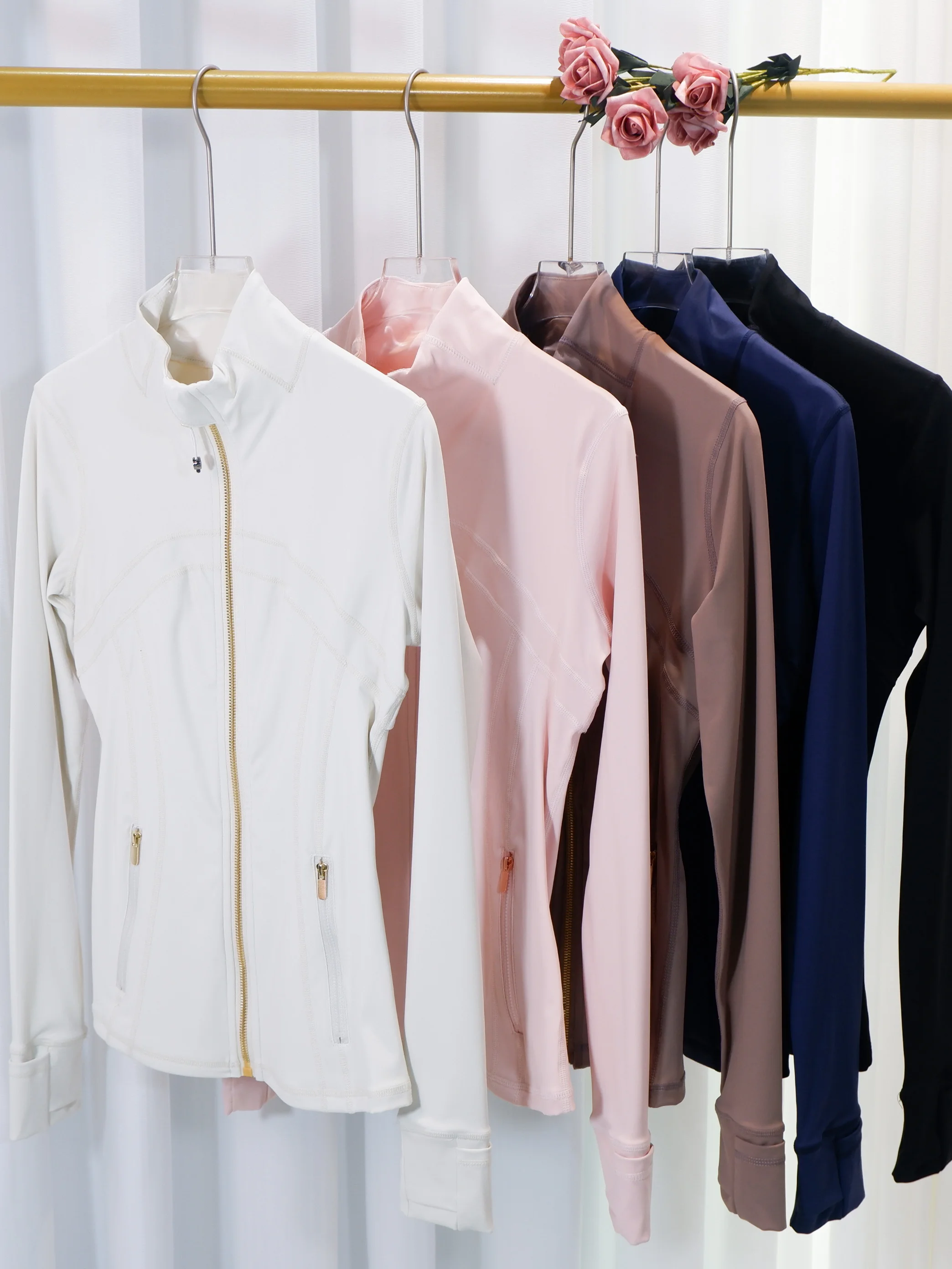 Stand Collar Gold Zipper High Elasticity Outdoor Running Long Sleeve Yoga Jacket Sports Coat for Women