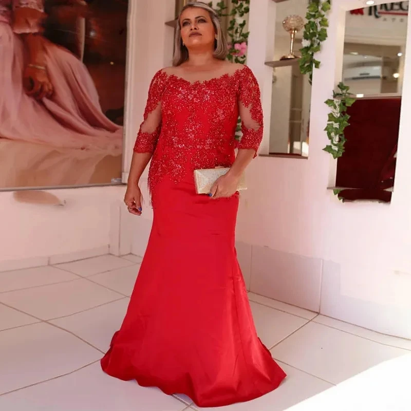 

2024 Red Mother Of The Bride Dresses Long Sleeves Illusion Neck Appliques Lace Beaded Shiny Plus Size Mermaid Wedding Guest Dres