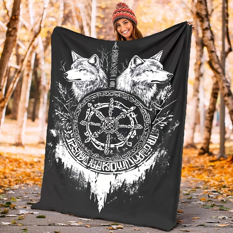 1pc, High Quality and Eye-catching Creative Vintage Viking Runes and Ice Wolf Pattern Printed Blanket, Outdoor Blanket, Perfect