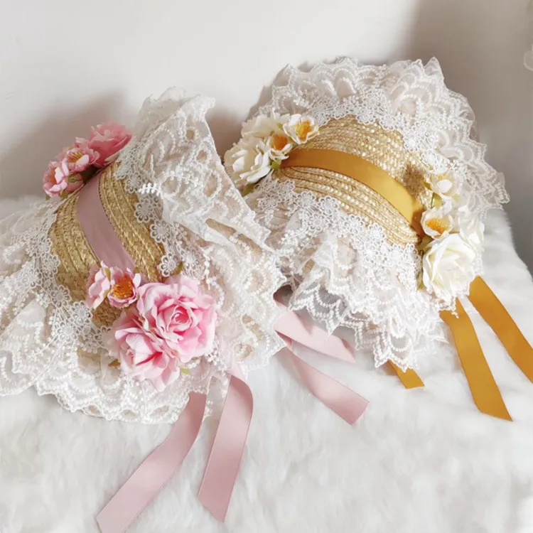 Sweet Straw Lolita Hat Top Flat Lace Brim Flower Bandage Bowknot Cap Elegant Cosplay Straw hats