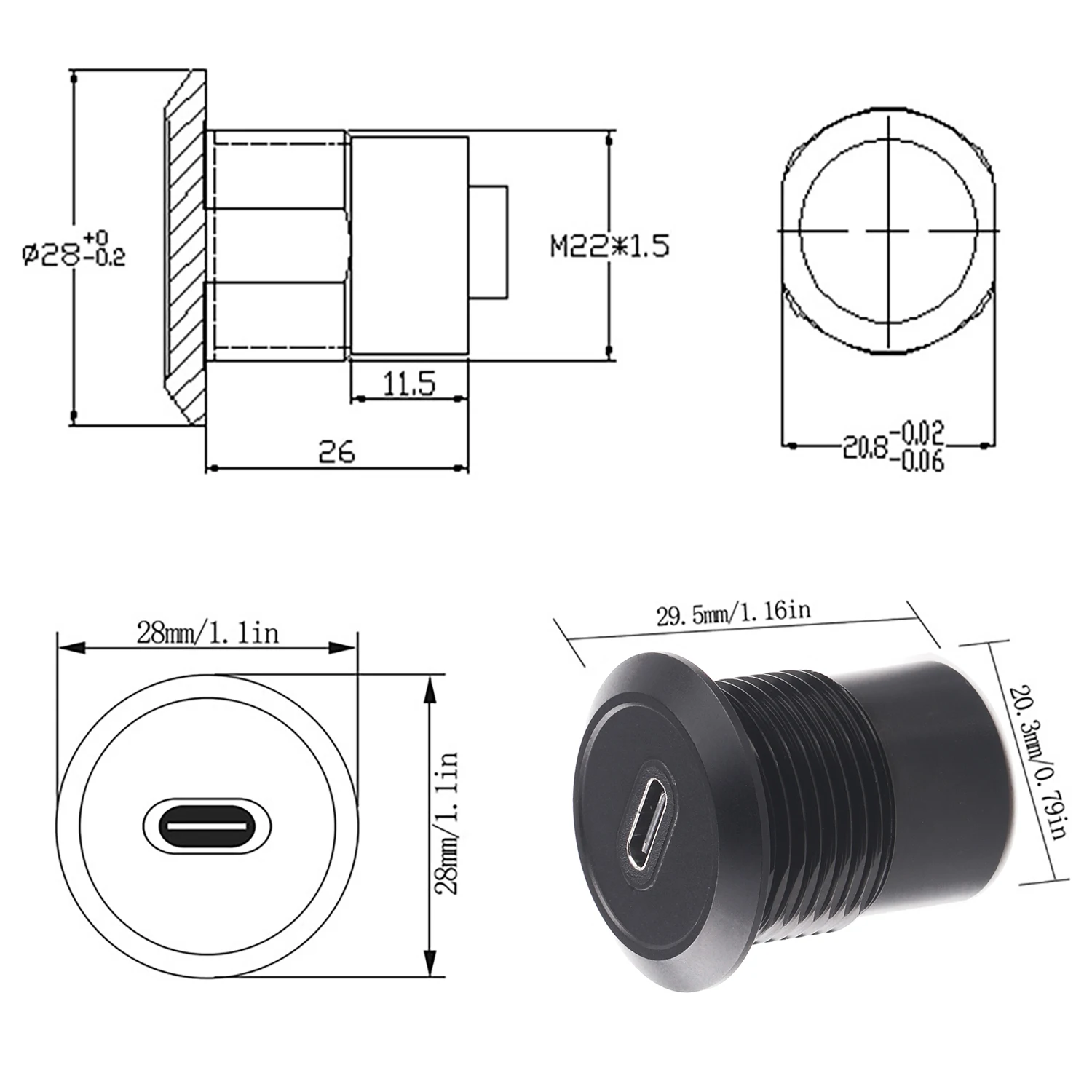 USB نوع C نوع C أنثى إلى أنثى F-F محول معدني ، لوحة جبل تمديد ، مستديرة