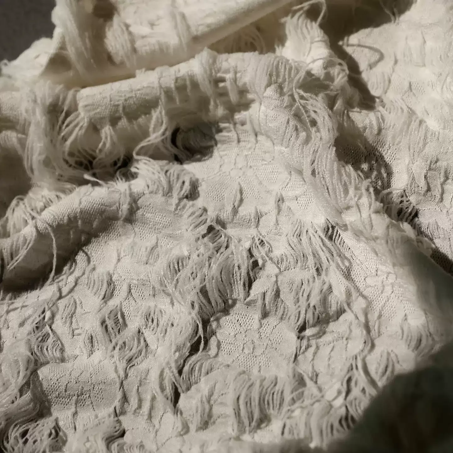 1yard Off White Ripped Crack Tassel 3D Pleated Texture Hollow Cotton Fabric Reconstructed Designer Fabric for patchwork