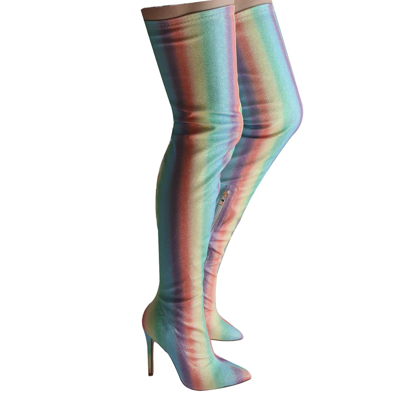 Sexy Rainbow Stripe Bling Stretch Thigh Boots Pointed Toe 10cm High Heel Sock Boots Woman Colorful Over Knee Boots Shoes
