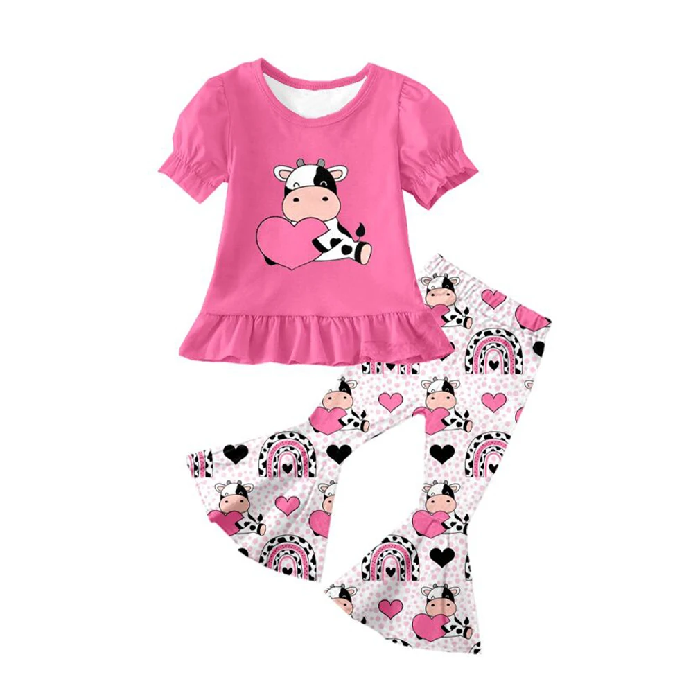 Tenue de Saint-Valentin pour filles, vêtements de boutique pour enfants, imprimé floral, manches courtes, bas de cloche