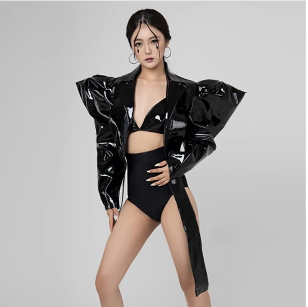 Black Pu Leather Stand Shoulder Jacket Singer Gogo Dancer Performance Wear Sexy Bikini Nightclub Jazz Dance Outfit