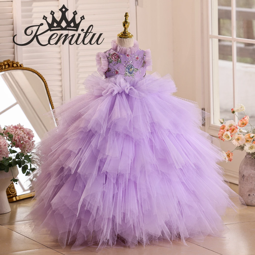 

Luxury Beaded Lilac Flower Girl Dress Princess Children Wedding Birthday Pageant Party Evening Gown