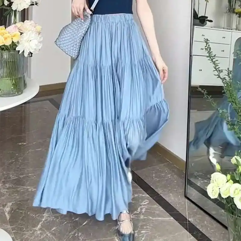 

Fashion Elastic Solid Color Folds Casual Long Skirts Female Clothing 2024 Summer New Loose All-match High Waist Skirts