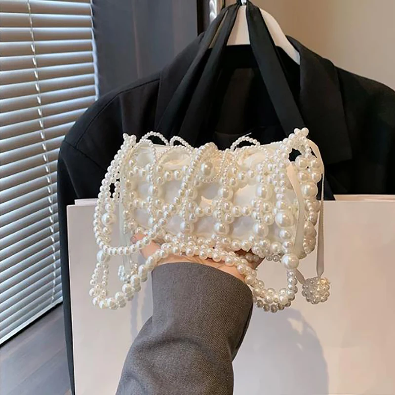 Women Hollow Out Pearl Beaded Mini Shoulder Bag Niche Personalized Rectangle Crossbody Bag Elegant Evening Party Wedding Purse