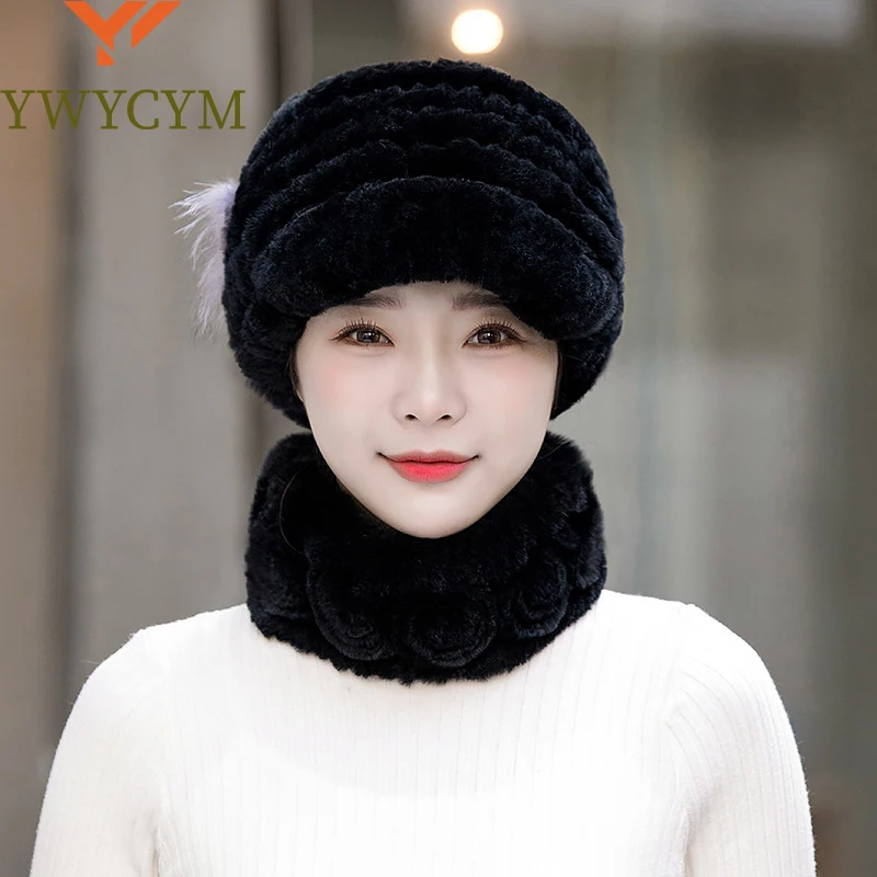 

New Women Winter Knit Real Rex Rabbit Fur Hat Scarf Sets Natural Warm Fur Cap Scarves 2 Pieces Girl Quality Real Fur Hat Muffler