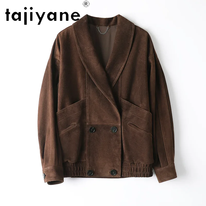 TAJIYANE Vintage Genuine Leather Jacket Women Goat Suede Overcoat Loose Leather Coat Lapel Outerwear Double Breasted Jackets