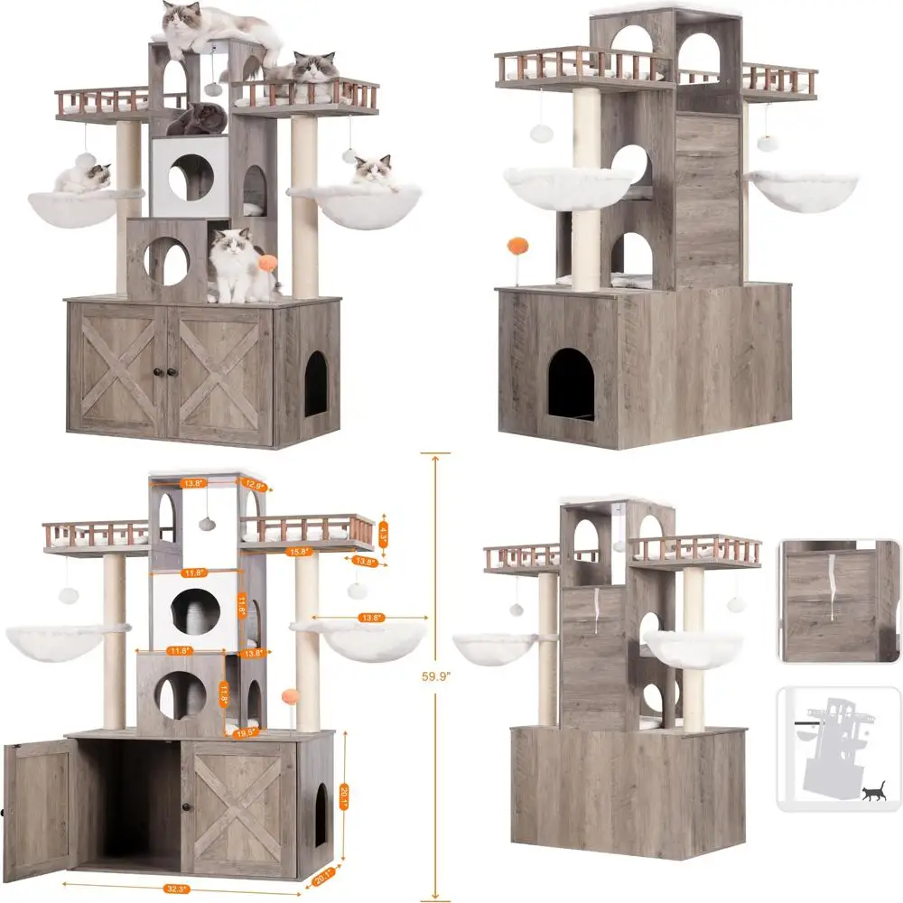 

Sturdy Indoor Cat Tree with Litter Box Enclosure for Large Cats, Heavy-Duty Modern Cat Tower for Cats up to 20lbs