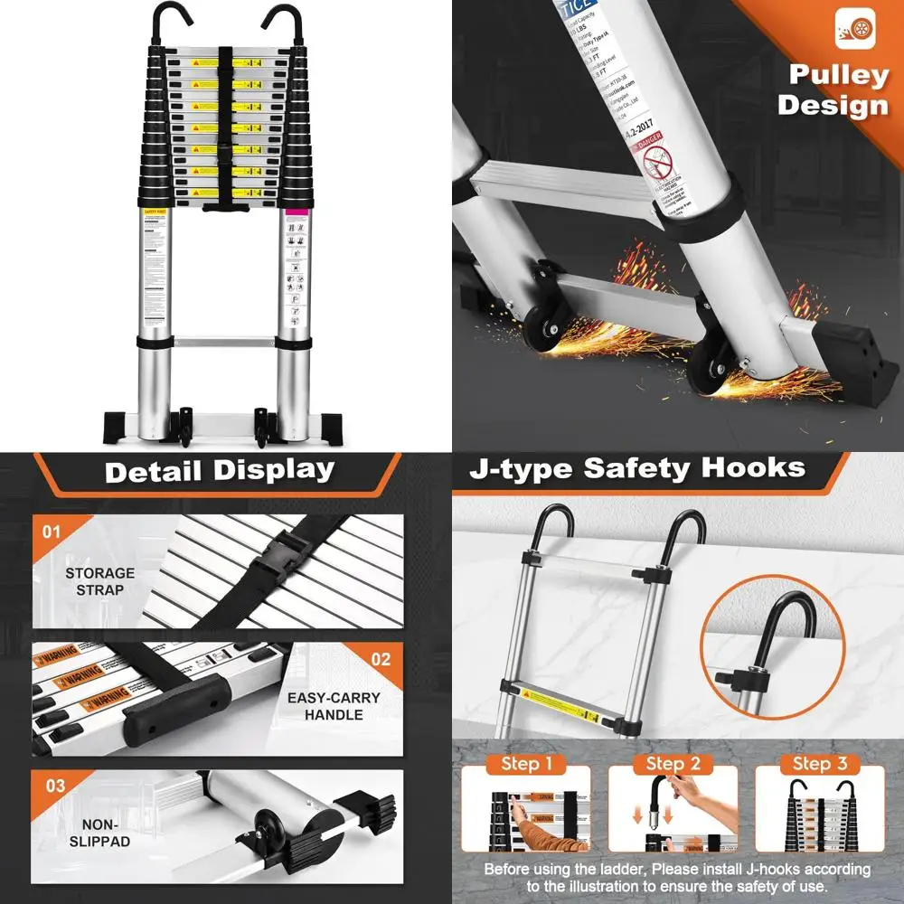 アルミ製軽量伸縮はしご 20.3フィート（ホイール、スタビライザーバー付き、耐荷重330ポンド、頑丈な伸縮式はしご）