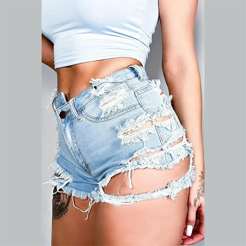 Fashion Sexy Rip Irregular Broken Holes Denim Shorts Women Tassel Trouser Legs Mini Jeans Female High Waist Three Quarter Pants