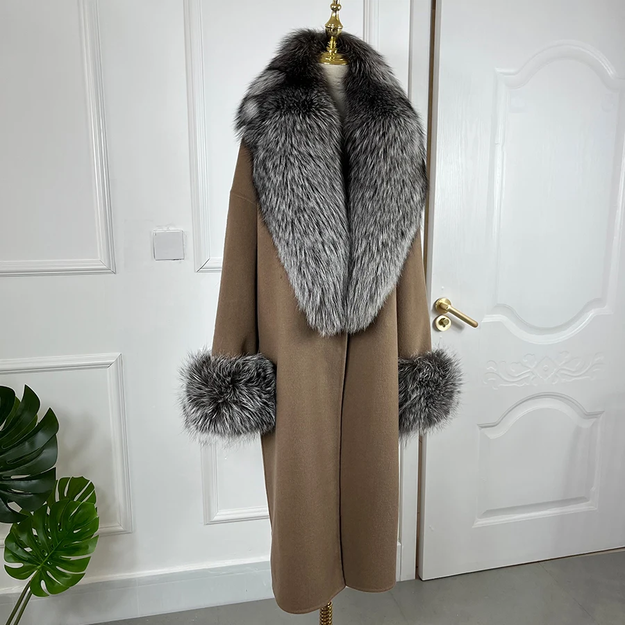 Women Cashmere Cardigan With Fur Natural Silver Fox Fur Coat Long Wool Blends Coat Rela Fur Collar Cuffs 2024 Best Selling