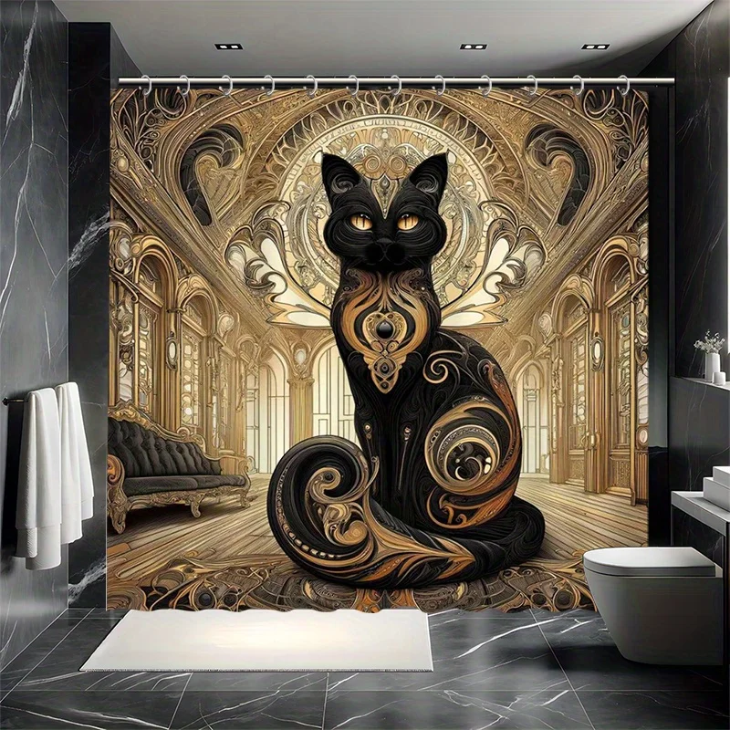 1/4pcs, Cat Shower Curtain Set, The Collision of Classical and Modern: Gorgeous Cat Shower Curtain Series, with 12 Hooks, Waterp