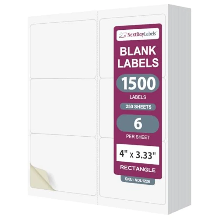 

3.33 Inch Rectangle Stickers White Blank Labels for Laser Inkjet Printer - 6 Per Sheet Self-Adhesive Shipping Address Mailing M