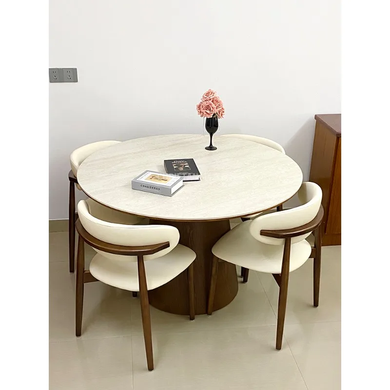 طاولة مستديرة من بلاطة الصخور الترافرتين مع طاولة دوارة متوسطة عتيقة وشقة صغيرة وطاولة طعام منزلية وطاولة طعام قديمة #1