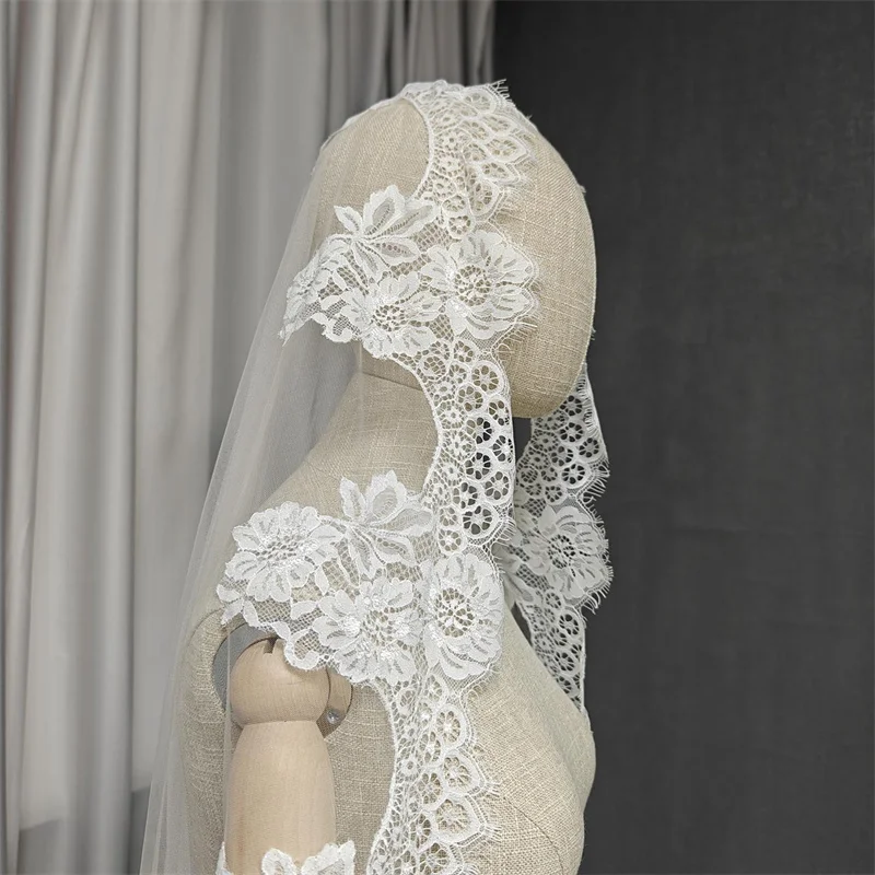 Customized Mantilla Veil with Eyelash Lace, 2m/2.5m/3m Single Tier Wedding Veil, Elegant Lace Ivory Bridal Veil with Hidden Comb