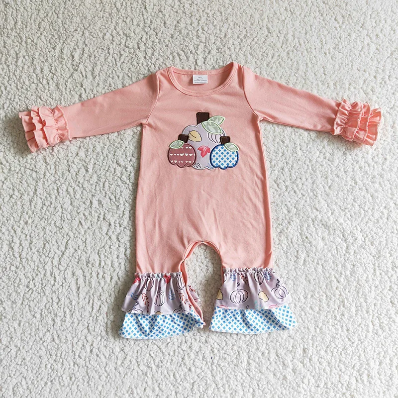 

Toddler Thanksgiving Embroidery Pumpkin Newborn Baby Girl Pink Snap Button Ruflle Jumpsuit Kid Children Fall Leaves New Romper