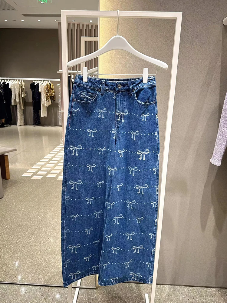 

High Waist Wide Leg Denim Pants Women's Faion Print Knot Waed Jeans Casual Comfortable Fit for All Seasons
