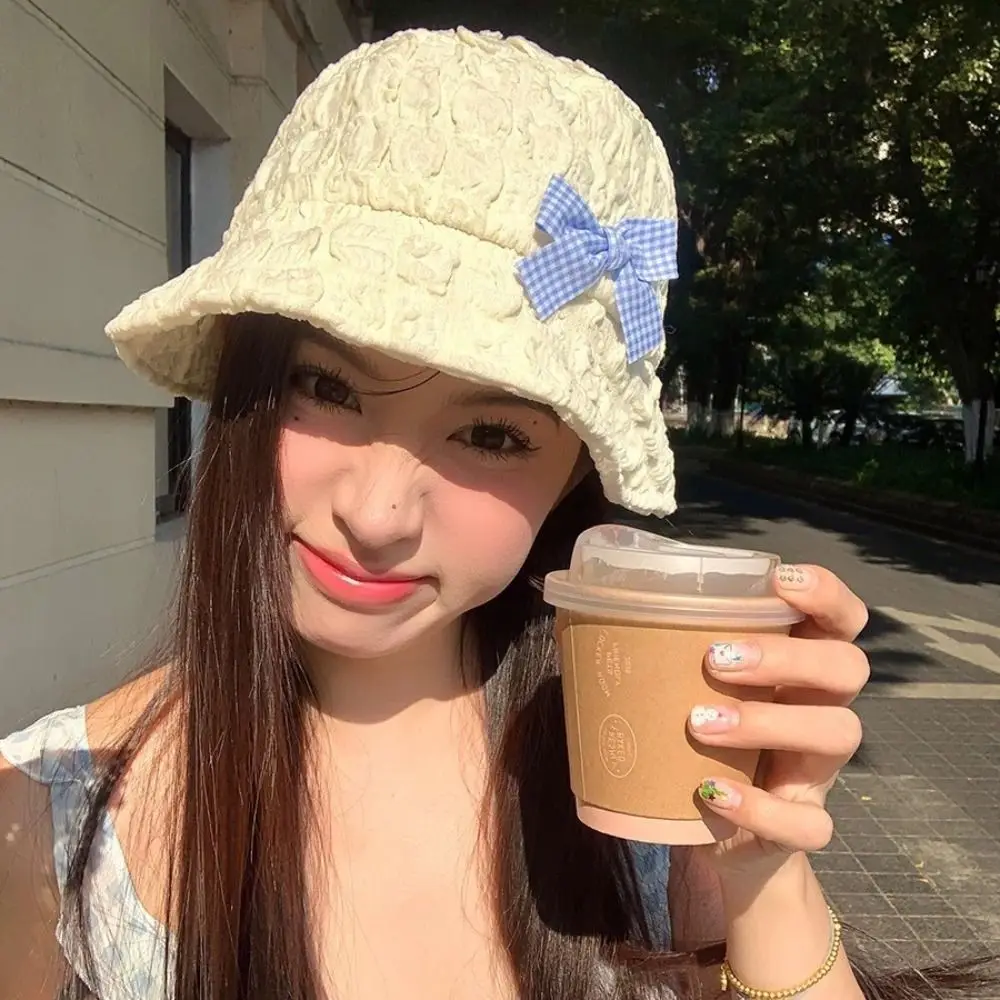 Ins Bow Bucket Caps قبعات أنيقة حلوة النسيج القطني خفيفة الوزن عارضة قبعة واقية من الشمس السفر