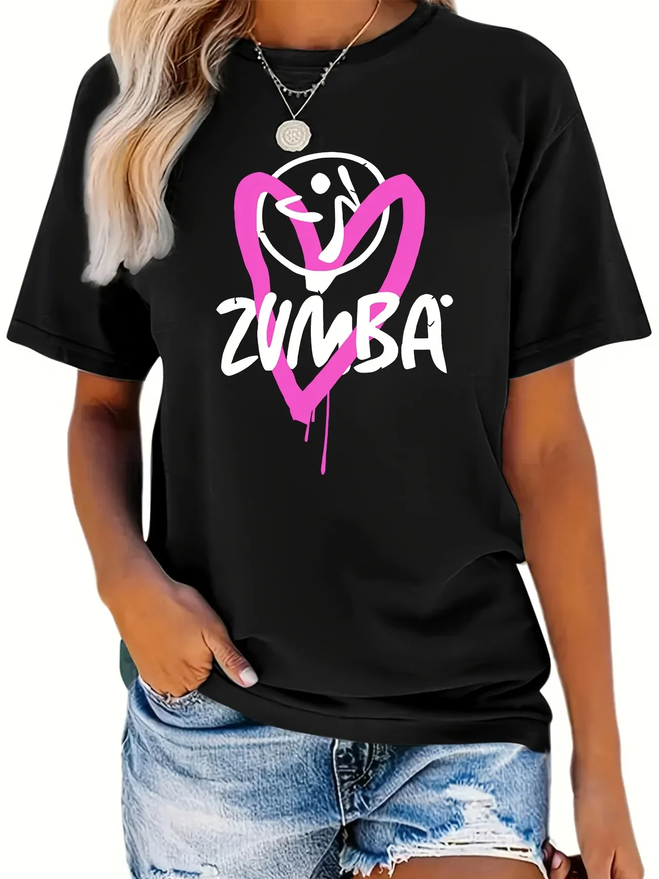 

Повседневная футболка с принтом сердец и букв, универсальная спортивная футболка с круглым вырезом и коротким рукавом, женские удобные топы