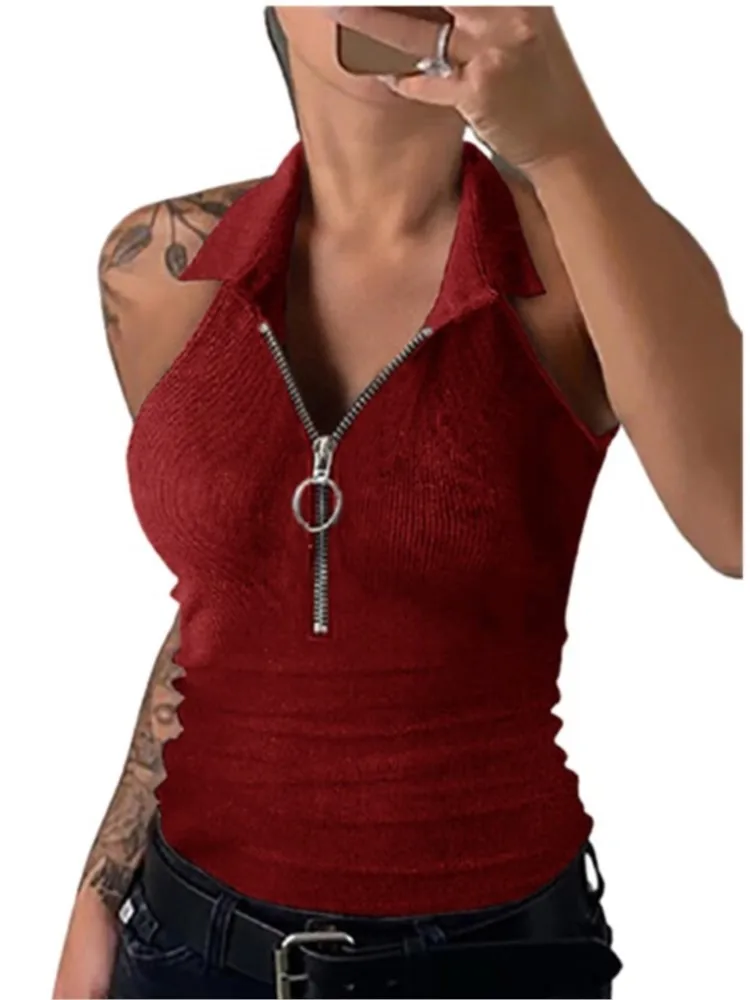 Women Pure Color Pit Strip Lapel Zipper Vest Fashion Casual T-Shirt Tops Female 2025 New Spring Summer Off Shoulder Tank T Shirt