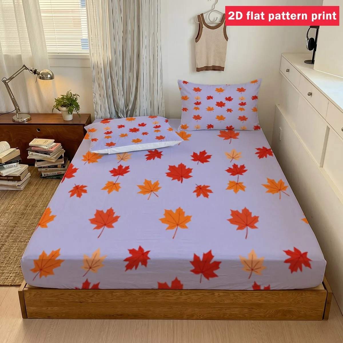 Autumn Maple Leaf 2D Digital Print Three-Piece Bedding Set Lavender Yellow Leaves Three-Piece Bedding Set (Includes 1 Fitted Sheet + 2 Pillowcases) 3-Piece Set, Large Capacity Deep Pocket 2D Printed Fitted Sheet and 2 Pillowcases Bedding Mattress Protector, Fitted Elastic Style Protective Cover, Mattress Protector, Suitable for All Seasons, Machine Washable Design, Holiday Decoration, Various Sizes, Breathable Protective Cover with Pillowcases