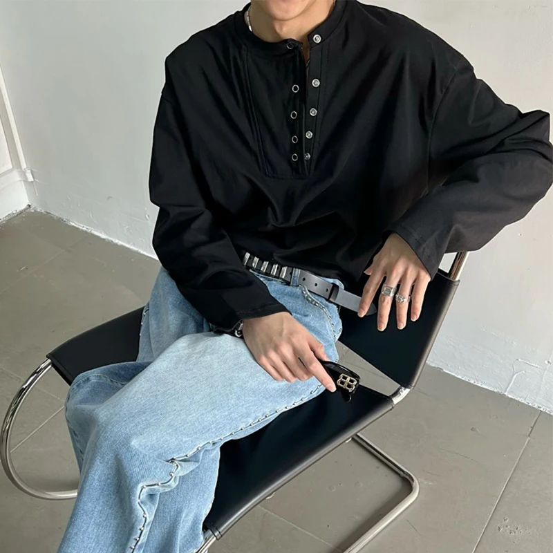 Fall Winter Collapsible O Neck Button Men Long Sleeve Sweatshirt Fashion All-match Casual Loose T Shirt Black White Khaki Unisex