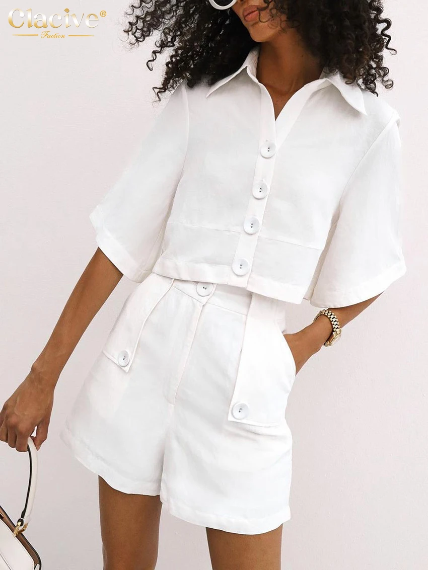 

Clacive Summer Loose White Cotton Women's Two Pieces Set 2025 Fashion Short Sleeve Shirt With High Waist Shorts Set Streetwear