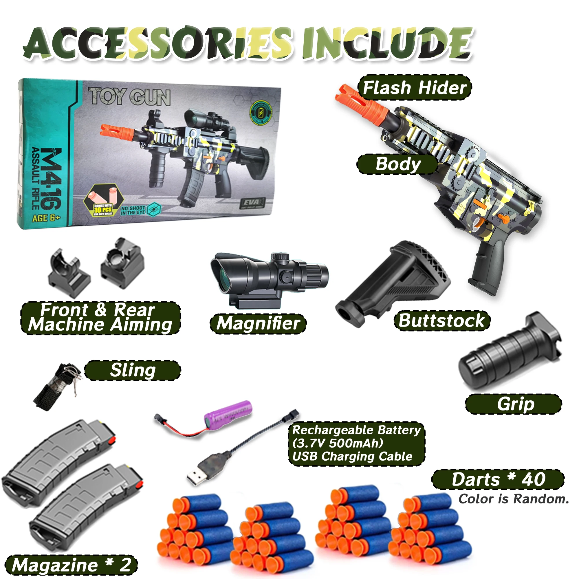 Soft Bullets Toys Guns for Boys,M416 Foam Blaster Gun, with Scope 40 Darts 2 Magazines,Full auto Gun for Kids Ages 6-12