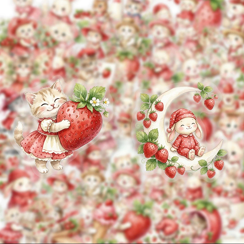 50 Strawberry Cat and Rabbit Doodle Stickers, Suitable for Diaries, Laptops, Car Bumpers, Skateboards, Water Bottles, Computer and Phone Decorations, Etc