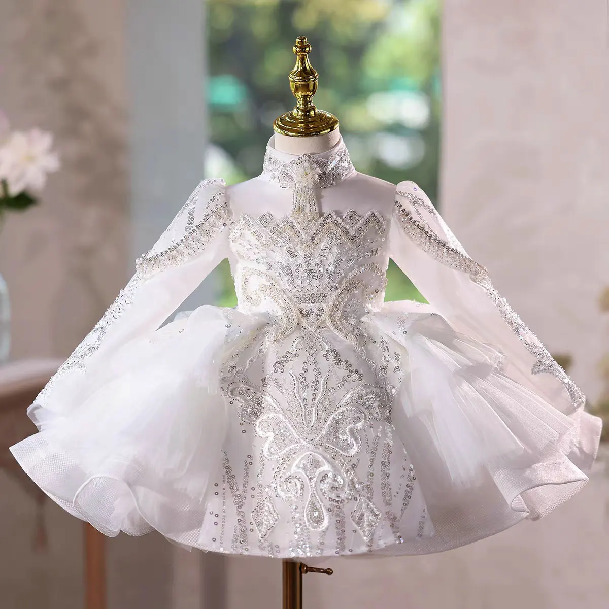 

Jill Wish J600 Luxury White Flower Girl Dress Pearls Long Sleeve Knee Length Princess Kids Wedding Birthday Party Formal Gown