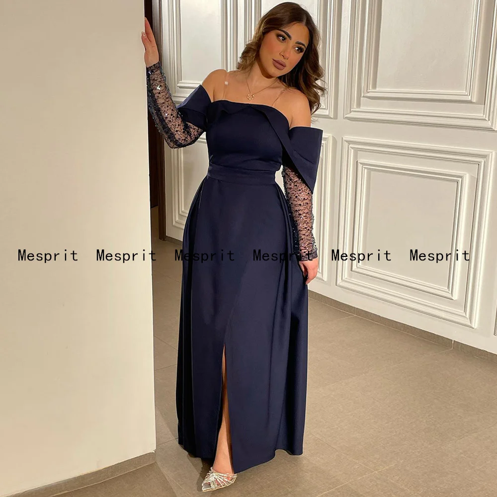 

2024 Evening Dress Cocktail Party Gown Boat Neck Long Sleeves Beading Sequined Ankle Length Slit Arabian Formal Gown Woman