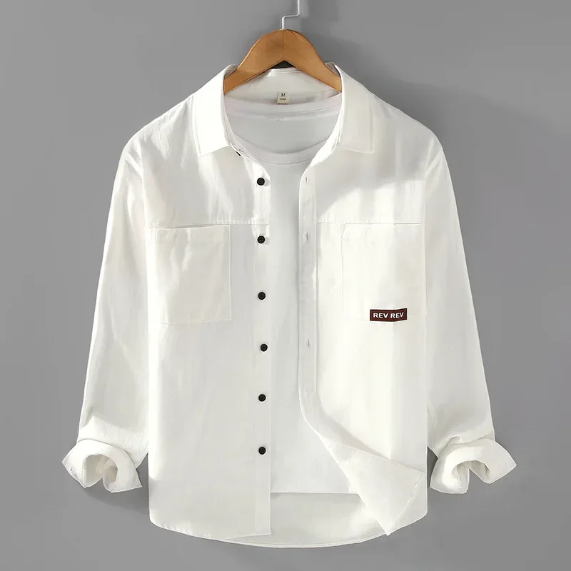 

Spring Fall New Men's Shirts Japanese Vintage Cargo Shirt Men Long Sleeve Casual 100%Cotton Double Pocket Shirt Simple White Top