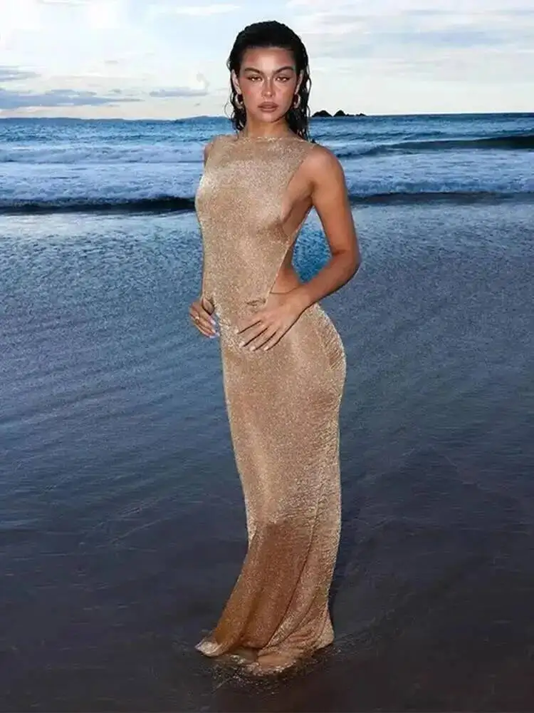 See Through Dress Female 2025 Summer Thin Sleeveless Glitter Splits Coquette Backless Clubwear Beach Sexy Vestidos KRQ8