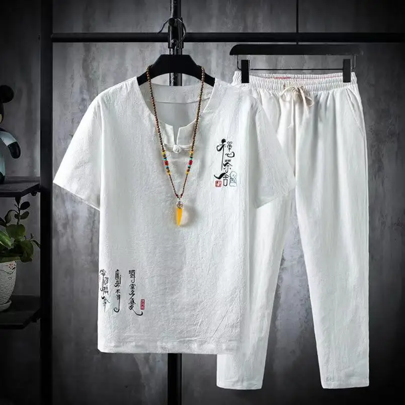 Shirt + Trousers Suit 2024 Summer Chinese Style Cotton Linen Men Shirt Shirts Men's High Quality Casual Shirts Two Piece