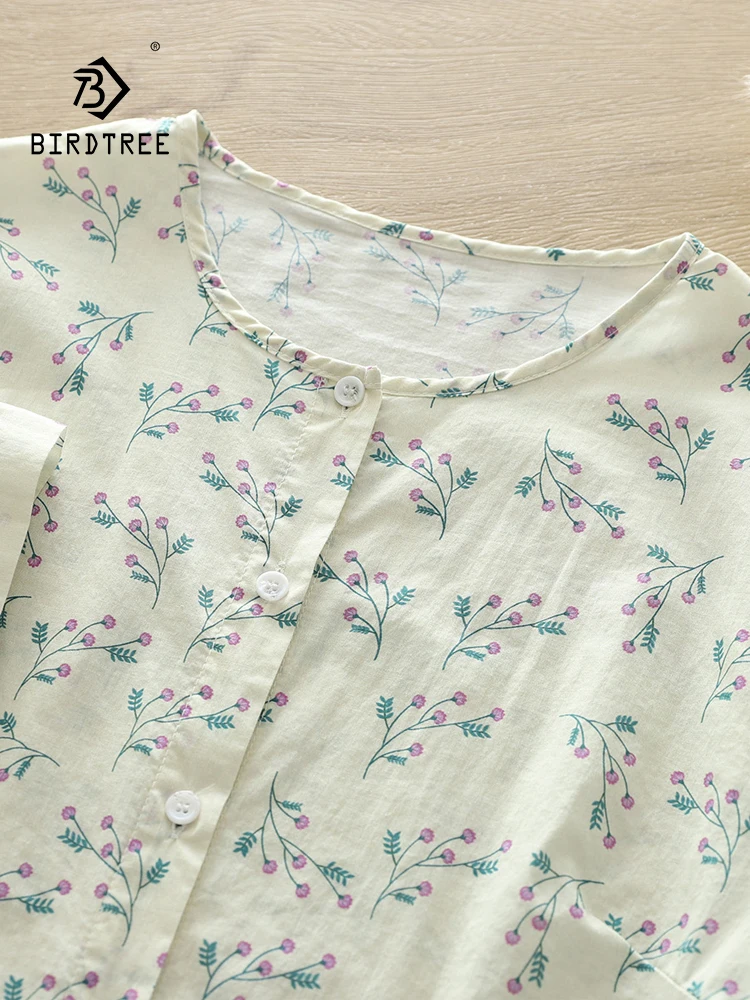 New Spring Cotton Yarn Flower Printed Shirt Women O Neck Half Sleeve Commute Tops Girl Loose Gentle Blouses 2024 Autumn T44004QC