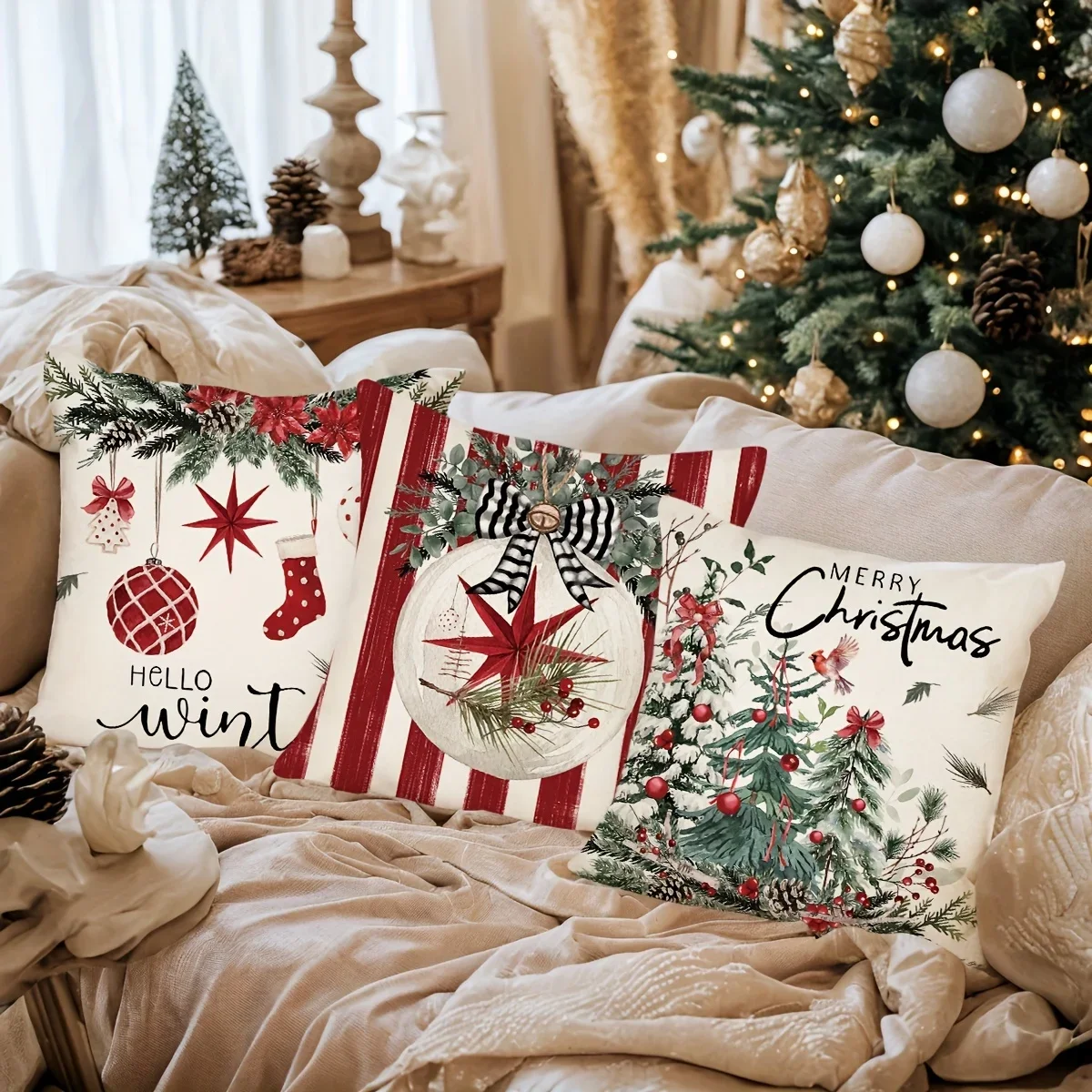 Rustic Linen Blend Throw Pillow Set, Christmas Tree Holiday Pattern,Zip Closure,Woven Decorative Cushion Set for Every Room Type