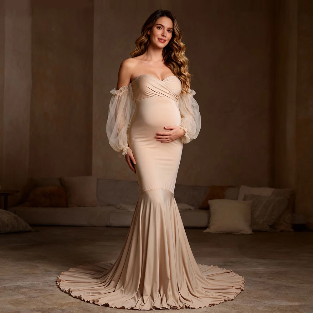 

Off Shoulder Long Sleeves Stretchy Mermaid Wedding Dress for Photo Shoot Tulle Wedding Dresses for Pregnant Photography YW21009