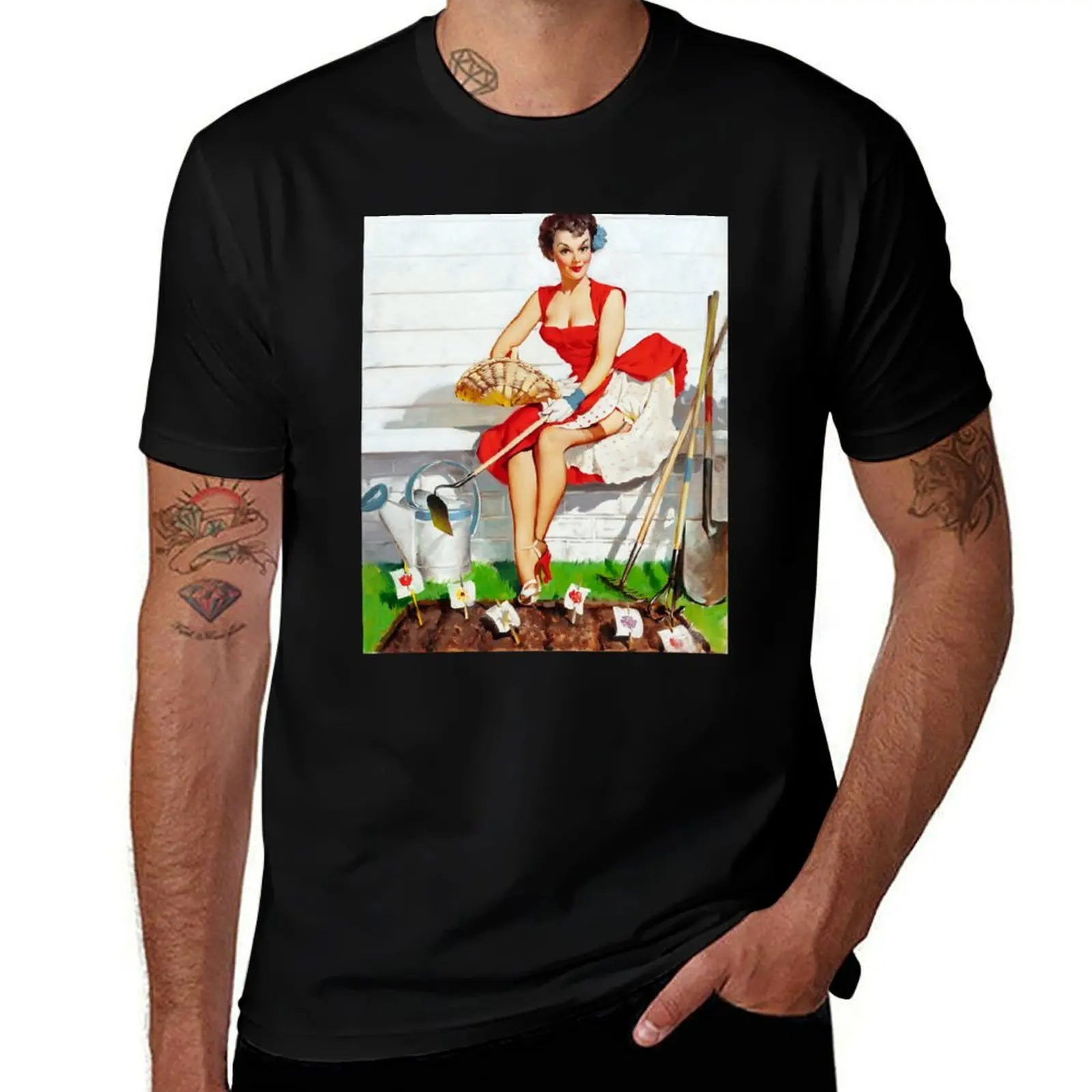 

1950s Vintage Pin-up Girl Garden Gardening Plants Illustration Art Leggy Garter Pinup Retro Classic T-Shirt man tshirt T-Shirt